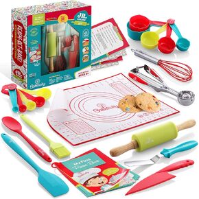 Baketivity Cookie Cutter Set For Kids, 24 Assorted Cookie Cutters of Basic Shapes, Seasonal, and Holiday Themes - With Rolling Pin, Silicone Baking Pan, and Non-Stick Baking Mat - BPA-Free - Ages 4+