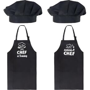 Kyson Kids Chef Apron and Hat Set-2 Pack of Adjustable Black Aprons with 2 Pockets Elastic Mushroom Hats for Boys and Girls (Chef in Training & Junior Chef)