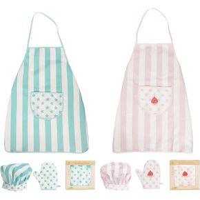Blue and Pink Kid Apron and Chef Hat Set, 3 Pcs Children Cooking Baking Set Kits Role Play Chef Toy Kid Cooking Gift for Girls Boys