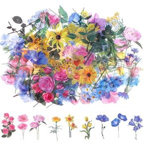 120pcs ملصق نبات شفاف ، ملصقات زهرية للحيوانات الأليفة ، شارات الزهور في مجلة عتيقة ، ملصقات زهرة مضغوطة عتيقة ، تصنع ألبومات صور ، بطاقات تزيين ، ديي (أصفر وردي أزرق)