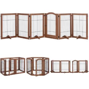 beeNbkks Extra Wide Pet Gate, 6 Panels Freestanding Dog Gate with Walk Through Door and 4 Support Feet, Foldable Pet Barrier Fence for Stairs Doorways Fireplace, Indoor Exercise Playpen for Dogs Cats
