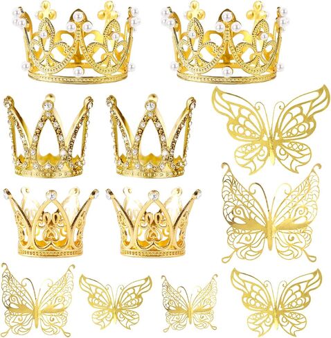 30 Pieces Mini Crown Cake Topper Small Gold Crown Mini Tiara with Gold Butterfly Decoration 3D Gold Butterflies for Flower Arrangements Gold Crown Cake Topper for Wedding Baby Shower Birthday Party in Kuwait
