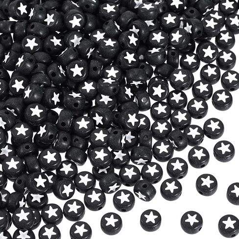 OIIKI 250PCS White Round Star Pattern Beads for Jewelry Making, 0.15x0.26in Flat Disc Acrylic Star Loose Beads for Bracelets, Necklace, Earrings (4x7mm/0.15x0.26in, White Bead, Black Star) in Saudi Arabia