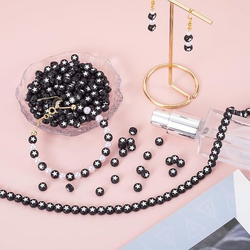 OIIKI 250PCS White Round Star Pattern Beads for Jewelry Making, 0.15x0.26in Flat Disc Acrylic Star Loose Beads for Bracelets, Necklace, Earrings (4x7mm/0.15x0.26in, White Bead, Black Star) in Saudi Arabia