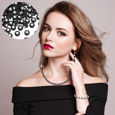 OIIKI 250PCS White Round Star Pattern Beads for Jewelry Making, 0.15x0.26in Flat Disc Acrylic Star Loose Beads for Bracelets, Necklace, Earrings (4x7mm/0.15x0.26in, White Bead, Black Star) in Saudi Arabia