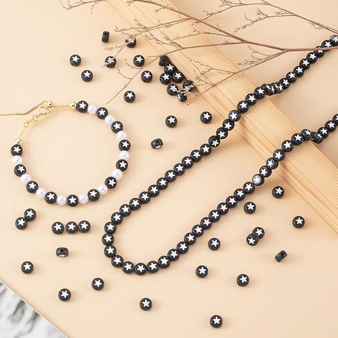 OIIKI 250PCS White Round Star Pattern Beads for Jewelry Making, 0.15x0.26in Flat Disc Acrylic Star Loose Beads for Bracelets, Necklace, Earrings (4x7mm/0.15x0.26in, White Bead, Black Star) in Saudi Arabia