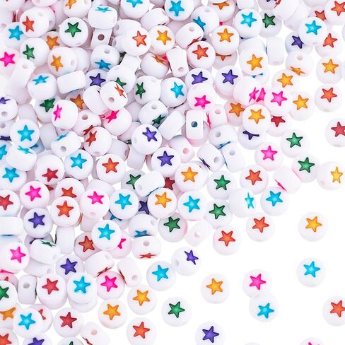 OIIKI 250PCS White Round Star Pattern Beads for Jewelry Making, 0.15x0.26in Flat Disc Acrylic Star Loose Beads for Bracelets, Necklace, Earrings (4x7mm/0.15x0.26in, White Bead, Black Star) in Saudi Arabia