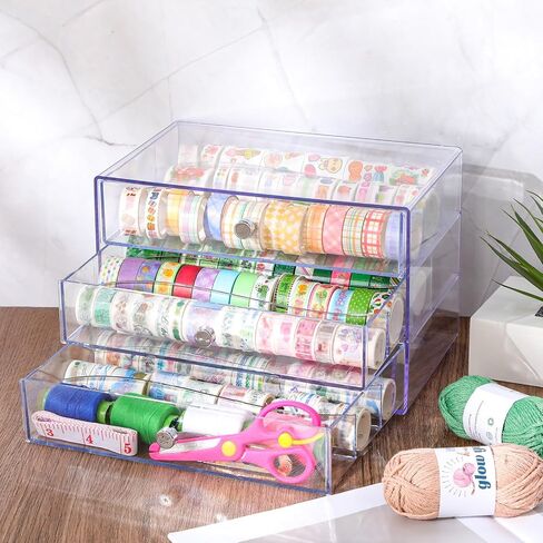 3 درج Washi Tape Organizer البلاستيك Washi Storage Storage Cube Organizer Box 10 "× 7" × 6.8 "حامل درج تخزين كبير واضح للفنون الحرف الفنية مكياج المجوهرات in Kuwait