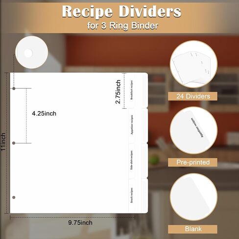 Recipe Dividers for 3 Ring Binder with 4 Tabs 9 3/4"×11" Recipe Binder Dividers Recipe Organizer Personalized Family Recipe Binder for Kitchen (Pre-Printed, 12) in Saudi Arabia