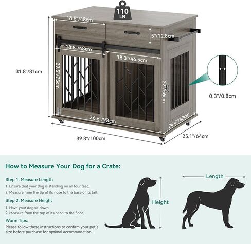 YITAHOME Dog Crate Furniture with Sliding Barn Door, 39" Wooden Dog Kennel Indoor with Storage Drawers, Double Dog Crate for 2 Small Medium Dogs, Grey in Saudi Arabia