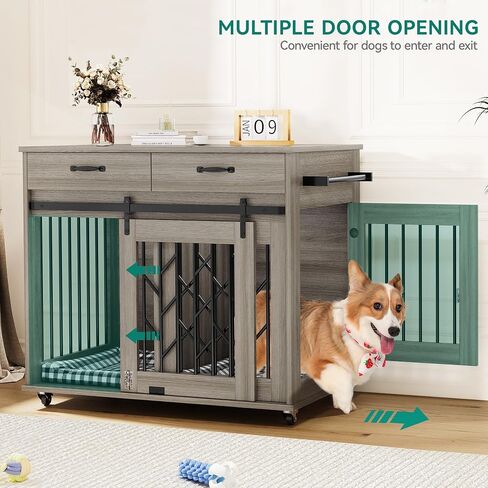 YITAHOME Dog Crate Furniture with Sliding Barn Door, 39" Wooden Dog Kennel Indoor with Storage Drawers, Double Dog Crate for 2 Small Medium Dogs, Grey in Saudi Arabia