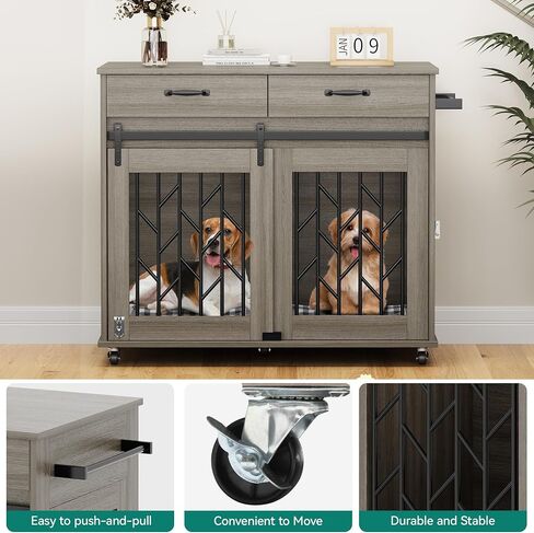 YITAHOME Dog Crate Furniture with Sliding Barn Door, 39" Wooden Dog Kennel Indoor with Storage Drawers, Double Dog Crate for 2 Small Medium Dogs, Grey in Saudi Arabia