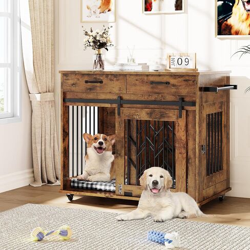 YITAHOME Dog Crate Furniture with Sliding Barn Door, 39" Wooden Dog Kennel Indoor with Storage Drawers, Double Dog Crate for 2 Small Medium Dogs, Grey in Saudi Arabia