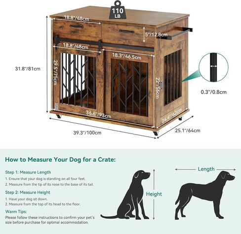 YITAHOME Dog Crate Furniture with Sliding Barn Door, 39" Wooden Dog Kennel Indoor with Storage Drawers, Double Dog Crate for 2 Small Medium Dogs, Grey in Saudi Arabia