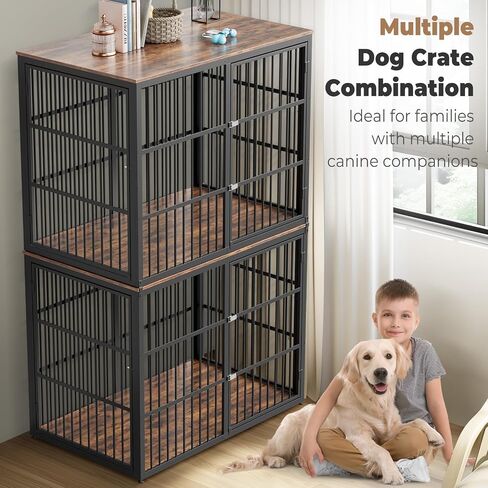 94.48'' Dog Crate Furniture Large Breed TV Stand with Double Rooms for 2 Large Medium Dogs, Wooden Indoor Kennel Crate Cage End Table with Removable Divider, Can Use Separately, Natural Beech in Saudi Arabia