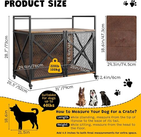 41 Inch Dog Crate Furniture, Heavy Duty Dog Kennel Table with 360° Swivel Wheels, Double Doors, 4 Latches, Vintage Farmhouse Dog House End Table for Large, Medium and Small Dogs, Brown in Saudi Arabia