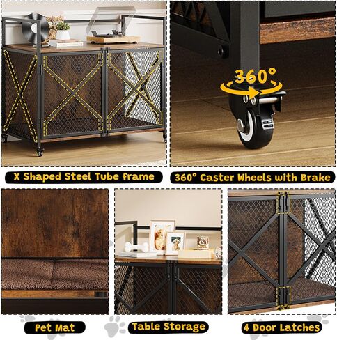 41 Inch Dog Crate Furniture, Heavy Duty Dog Kennel Table with 360° Swivel Wheels, Double Doors, 4 Latches, Vintage Farmhouse Dog House End Table for Large, Medium and Small Dogs, Brown in Saudi Arabia