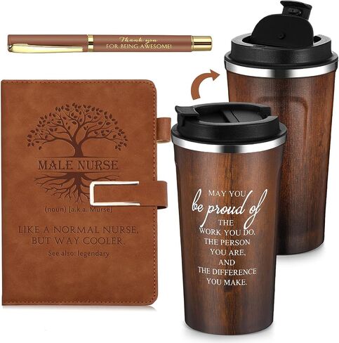 Pickmesh 3 Pcs Male Nurse Gift Set 17 oz Coffee Mug Tumbler A5 Leather Journal with Ballpoint Pen Nurse Appreciation Week Gift Graduation Thank You Favor for Man Male Nursing Assistant(Brown) in Kuwait