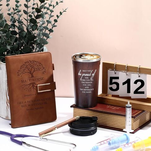 Pickmesh 3 Pcs Male Nurse Gift Set 17 oz Coffee Mug Tumbler A5 Leather Journal with Ballpoint Pen Nurse Appreciation Week Gift Graduation Thank You Favor for Man Male Nursing Assistant(Brown) in Kuwait