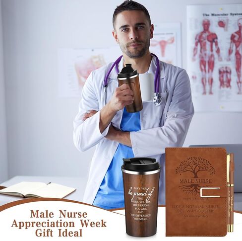 Pickmesh 3 Pcs Male Nurse Gift Set 17 oz Coffee Mug Tumbler A5 Leather Journal with Ballpoint Pen Nurse Appreciation Week Gift Graduation Thank You Favor for Man Male Nursing Assistant(Brown) in Kuwait