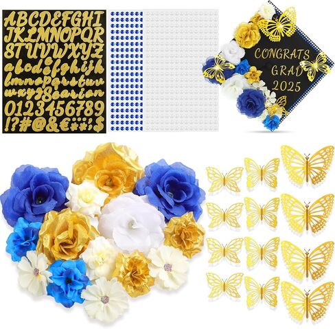 Solsew 34 Pcs DIY Graduation Cap Decorations Accessory Kit Include Faux Flower Heads 3D Butterfly Glitter Letter Stickers Rhinestones Stickers for Graduation Cap Decoration Craft Art Decor(Red) in Saudi Arabia