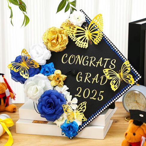 Solsew 34 Pcs DIY Graduation Cap Decorations Accessory Kit Include Faux Flower Heads 3D Butterfly Glitter Letter Stickers Rhinestones Stickers for Graduation Cap Decoration Craft Art Decor(Red) in Saudi Arabia