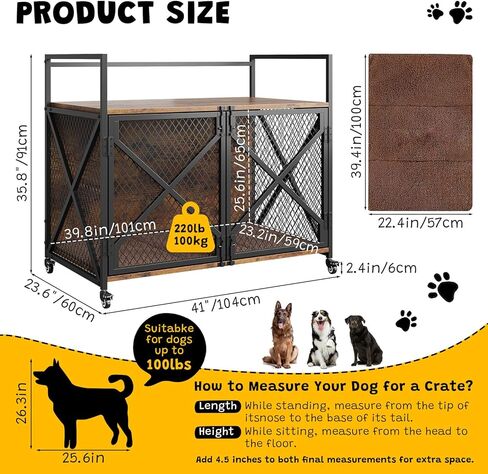 41 Inch Dog Crate Furniture, Heavy Duty Decorative Dog Cage with Lockable 360° Wheels, Double Door Dog Kennel End Table for for Small Medium Large Dog, Rustic Brown in Kuwait