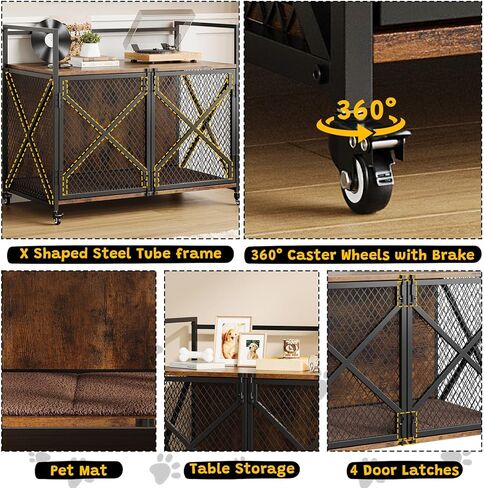41 Inch Dog Crate Furniture, Heavy Duty Decorative Dog Cage with Lockable 360° Wheels, Double Door Dog Kennel End Table for for Small Medium Large Dog, Rustic Brown in Kuwait