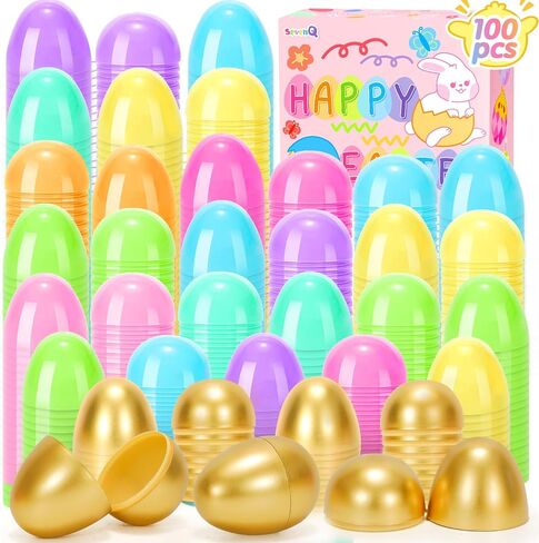 Easter Eggs Empty 100Pcs, Fillable Plastic Golden Eggs for Easter Basket Stuffers Fidget Toy Easter Gifts for Kids Party Favors Pinata Treasure Box Candy Goodie Bags Fillers Egg Hunt Essentials in Saudi Arabia