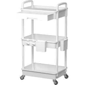 Rolling Utility Cart with Drawer Plastic 3 Tier Rolling cart Cart with Handle Multi-Purpose Storage Organizer with Hanging Basket and Hooks Storage Cart for Kitchen,Bathroom,Living Room,Office, White