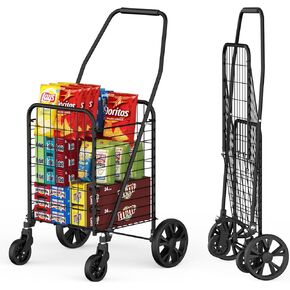 Grocery Shopping Cart with 360° Rolling Swivel Wheels, 110LBS Capacity Heavy Duty Collapsible Utility Cart, Light Weight Trolley for Laundry,Groceries,Travel