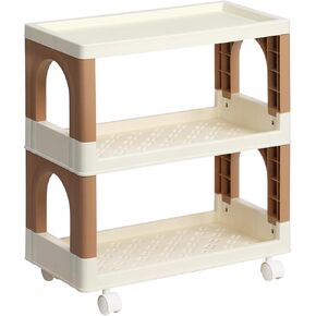 AGTEK 3 Tier Plastic Rolling Cart, Multifuction Storage Utility Mobile Cart with Wheels, Storage Standing Unit Organiazer Shelves, Cream