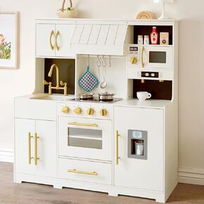 Play Kitchen for Kids with Various Interactive Pretend Wooden Kids Kitchen Play Features and 19 Pcs Fun Accessories, Toy Kitchen Playset for Boys and Girls Ages 3+