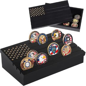 Challenge Coin Display Stand, Coin Rack Military Coins Display Case Stand Shelves with Removable Lid, 6 Row Wooden Army Collectible Coins Holder Case