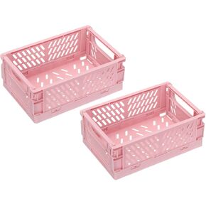 PATIKIL Mini Collapsible Basket, 2 Pcs 5.9 x 3.9 x 2.3 Inch Stackable Storage Crates Foldable Plastic Baskets Desk Organizing Container for Home Kitchen Office, Pink