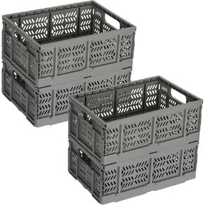 4-Pack Plastic Storage Baskets for Organizing Groceries Fruit with Handle, Collapsible Heavy Duty Milk Crates, 20L Foldable Stackable Storage Bins for Home Office School Trunk, Blue