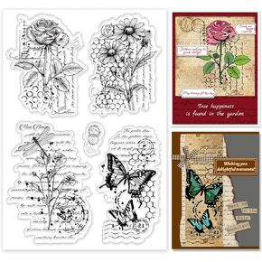 ختمات زهرة خمر زهرة خمر لـ DIY 4.3 "× 6.3" Rose Rose Clear Silicone Stamp Ratgber Rubber Rubber Stamps Vintage Butterfly Transplent Stamp