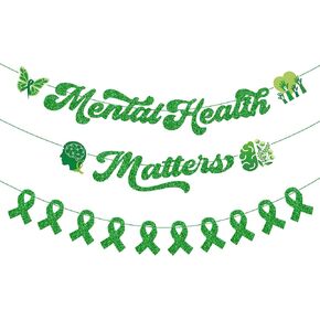 Whaline 8.2 Ft Mental Health Awareness Banner Glitter Green Ribbon Pre-Strung Garland Banner Psychology Hanging Ornament for Party Classroom Wall Decor, 3 Pcs