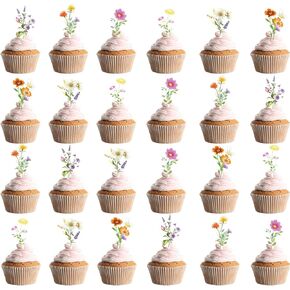 48 Pcs Wildflower Party Cupcake Toppers for Floral Birthday Baby Shower Party Decorations