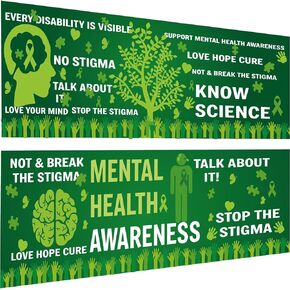 2PCS Mental Health Awareness Banner Backdrop Mental Health Awareness Month Bulletin Board Mental Health Awareness Background for Indoor Outdoor Wall School Office Supplies(Green)