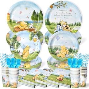 300 PCS WINNIE BEAR DANED PATHERS و NEDKINS TABORMAIN TELLAY ، Plates Napkins Cups Straws and Forks Forks ، Winnie Baby Decorations Party Party Forms ،