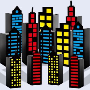 12pcs Skyscraper City Party Forms Boxes for Super Hero Party Party Decorations City Skyline Buildings Treats Super Murnered Berty Party Candy Goodies for Boys Girls Birthdy Party Supplies