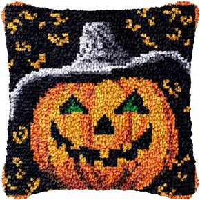Happy Halloween Pumpkin Latch Hook Kits Pillow Printed Canvas Cushion Crochet Yarn Needlework Hook Latch Kit DIY Embroidery Pillowcase Rug Cover Home Sofa Christmas Decoration 43x43cm(18)