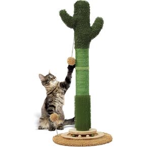 OTOB 36 "طول Cat Cactus Post ، Post Natural Sisal Rope Cat Scratcher Post ، Vertical 6-in-1 Turntable Cat Scratch Post مع ألعاب كرة ناعمة ، حماية أثاثك (الأخضر/البني)