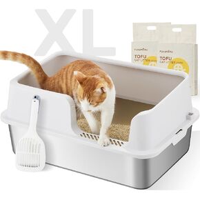 FUKUMARU Stainless Steel Litter Box with Lid, Extra Large Metal Cat Litter Box with Two Bags Litter, High Side Enclosed Litter Tray for Big Cats, Non-Sticky, Easy Cleaning, XL, Includes Litter&Scoop