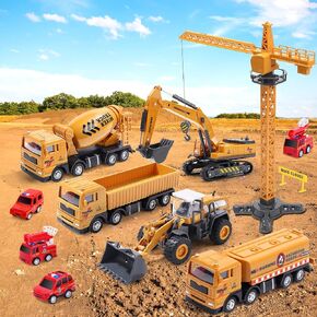 Skirtoy Kids Construction Meetcles PlaySet مع Playmat ، 18 "لعبة Crane ، 10" حفارة ، جرار ، شاحنة تفريغ ، أسمنت ، 4 إطفاء ، مجموعة ألعاب الهندسة التعليمية هدية عيد ميلاد لطفلة طفل 3+