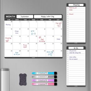 Magnetic Dry Erase Calendar for Fridge, Refrigerator Calendar Whiteboard Set - Magnetic Dry Erase Monthly Planner with 2 List Boards, 4 Markers + Eraser, Colorful