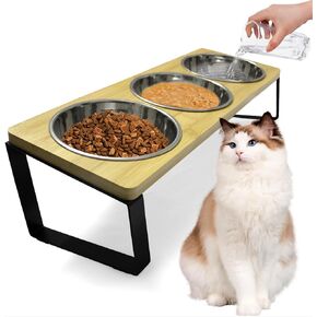 Elevated Cat Bowls with 3 Stainless Steel, 15° Tilted Raised Cat Bowl Set, for Indoor Cats for Small Cats and Puppies Pet Bowls with Stand