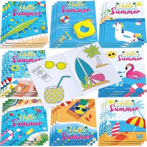 Faccito 24 Pcs Summer Beach Coloring Books Mini DIY Art Drawing Book Bulk Including Pineapple Coconut Flamingo Beach Pool Fun and Relaxing Patterns for Birthday Activity