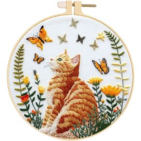 Huacan Embroidery Kit for Beginners Adults Includes Stamped Cat Pattern, Hoop, Color Threads,Tools,Easy to Follow Instruction